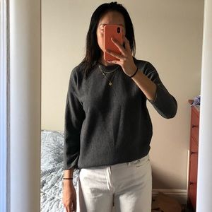 3/4 sleeve ribbed grey top, slight mock neck